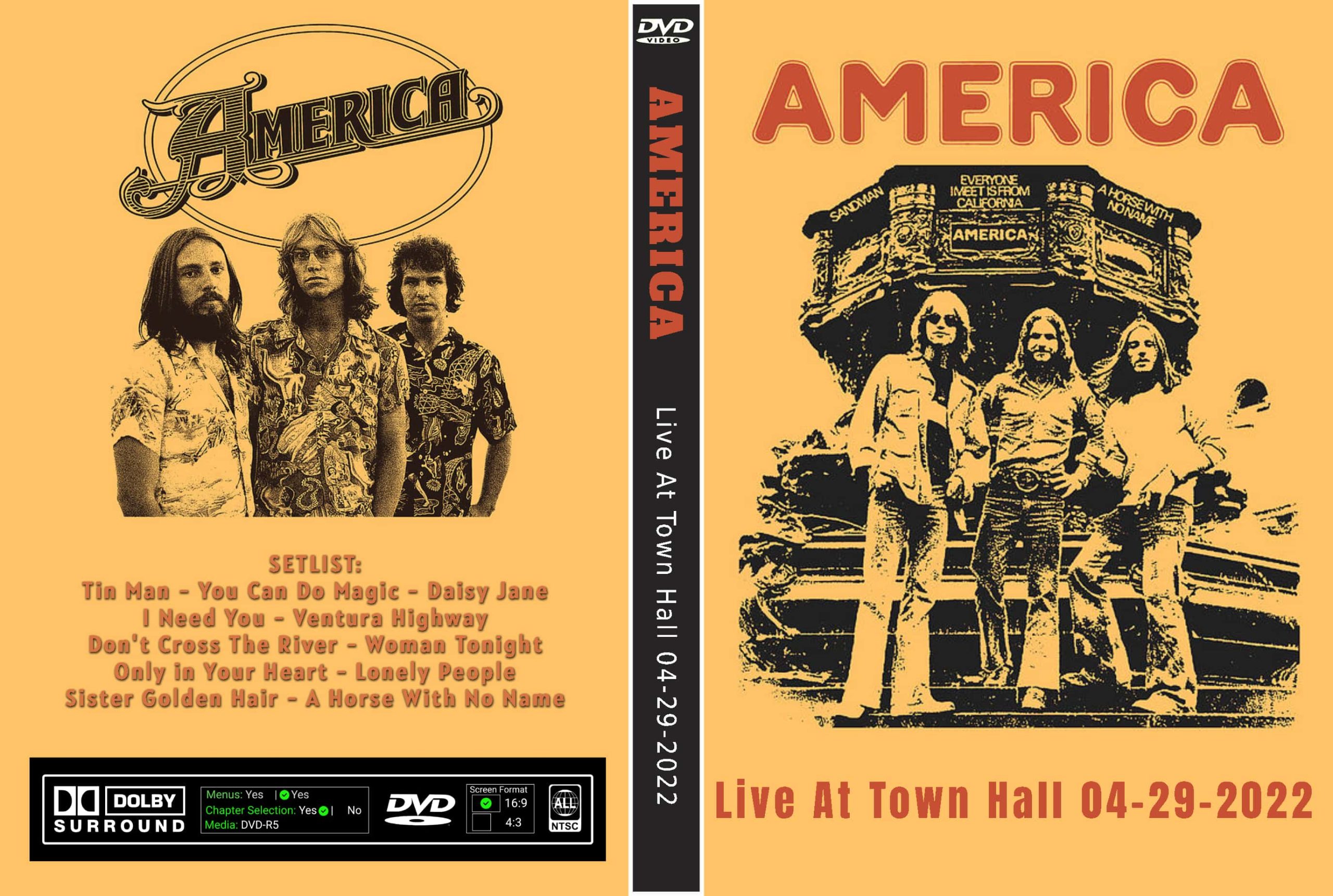 AMERICA 2022 America – Live At Town Hall 04-29-2022 DVD featuring classic hits like “Ventura Highway,” “Sister Golden Hair,” and “A Horse With No Name.” A must-have live performance for fans of classic folk rock.